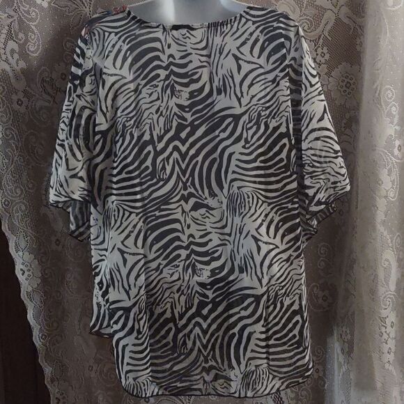 New Women's‎ size L top Boho sheer black white red zebra animal feather print - Picture 3 of 6